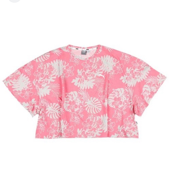 Puma Tops - Puma Active Tropical Print Cropped Tee Pink Gray Women’s Size XL EUC